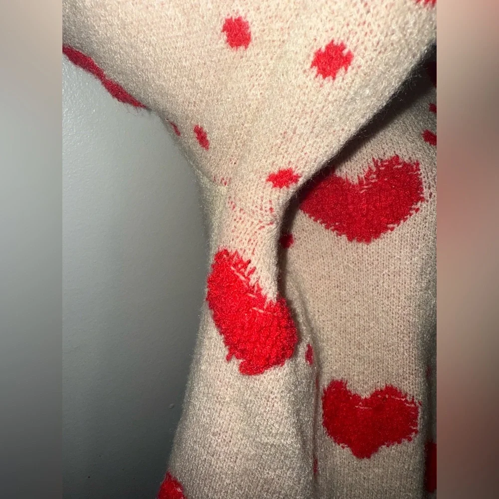 SHEIN Heart Patterned Cardigan Sweater Medium Tan Red Green Valentine's Day - Picture 7 of 9